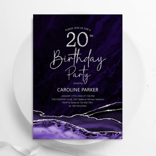 Agate Purple Silver 20th Birthday Invitation