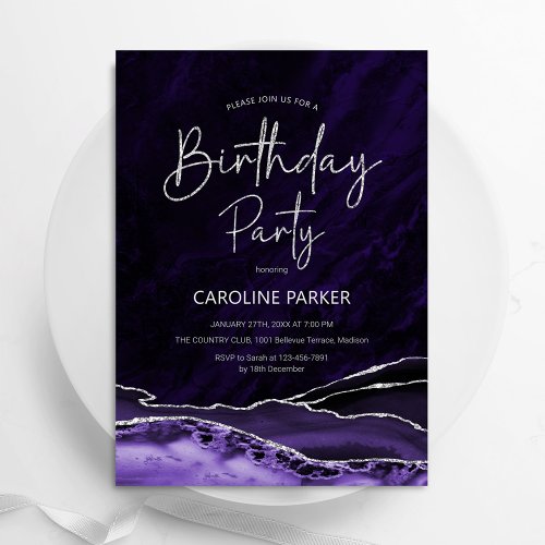 Agate Purple Silver Birthday Any Age Invitation