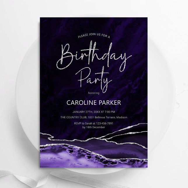 Agate Purple Silver Birthday Any Age Invitation (Creator Uploaded)