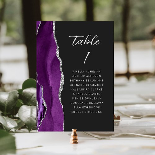 Agate Purple Silver Modern Script Dark Wedding Table Number