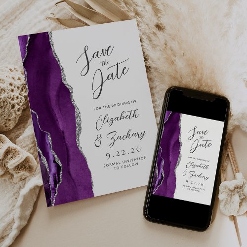 Agate Purple Silver Modern Script Wedding Save The Date