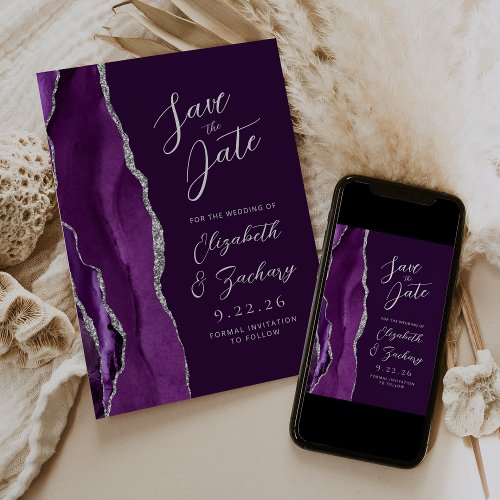 Agate Purple Silver Plum Script Wedding Suite Save The Date
