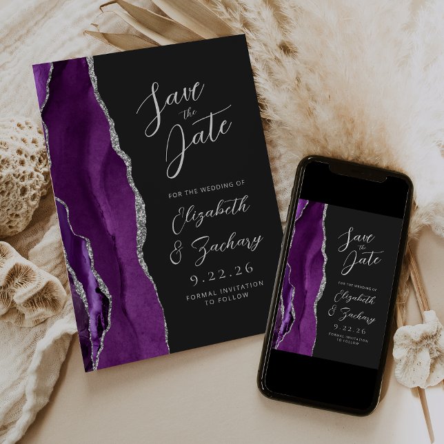 Agate Purple Silver Script Dark Wedding Suite Save The Date (Creator Uploaded)