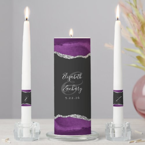 Agate Purple Silver Script Dark Wedding Unity Candle Set