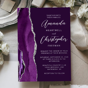 Agate Purple Silver Script Plum Wedding Foil Invitation