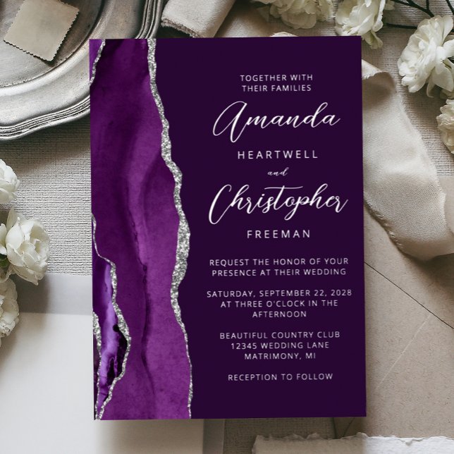 Agate Purple Silver Script Plum Wedding Foil Invitation (Creator Uploaded)