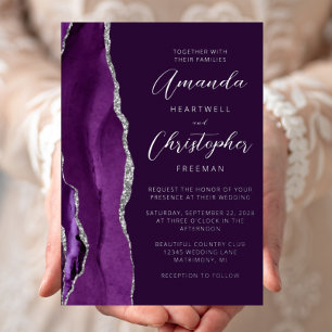 Agate Purple Silver Script Plum Wedding Foil Invitation