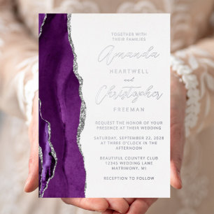 Agate Purple Silver Script Wedding Foil Invitation