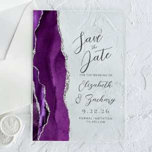 Agate Purple Silver Script Wedding Save the Date
