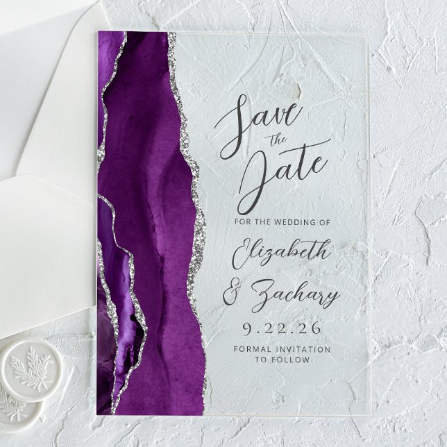 Agate Purple Silver Script Wedding Save the Date Acrylic Invitations (Creator Uploaded)