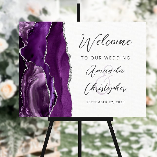 Agate Purple Silver Script Wedding Welcome Foam Board (Creator Uploaded)