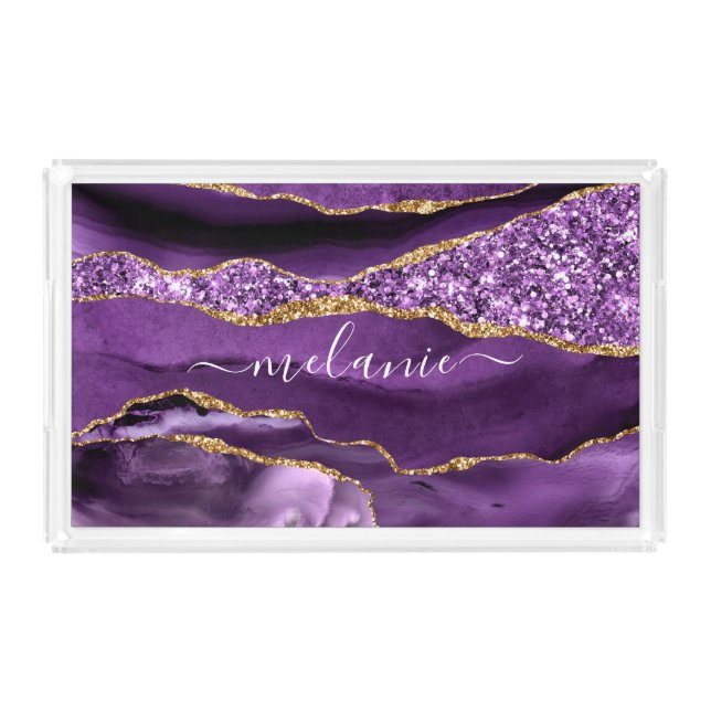Agate Purple Violet Gold Custom Name Acrylic Tray (Front)