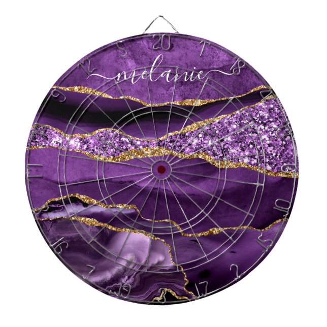 Agate Purple Violet Gold Custom Name Dart Board (Front)