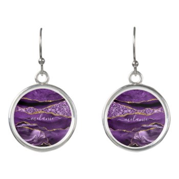 Agate Purple Violet Gold Custom Name Earrings by Migned at Zazzle