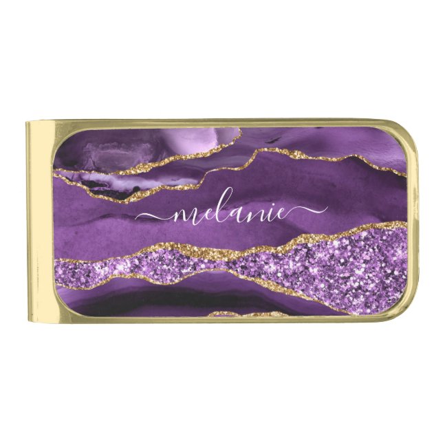 Agate Purple Violet Gold Custom Name Money Clip (Front)