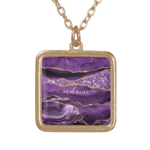 Agate Purple Violet Gold Custom Name Necklace