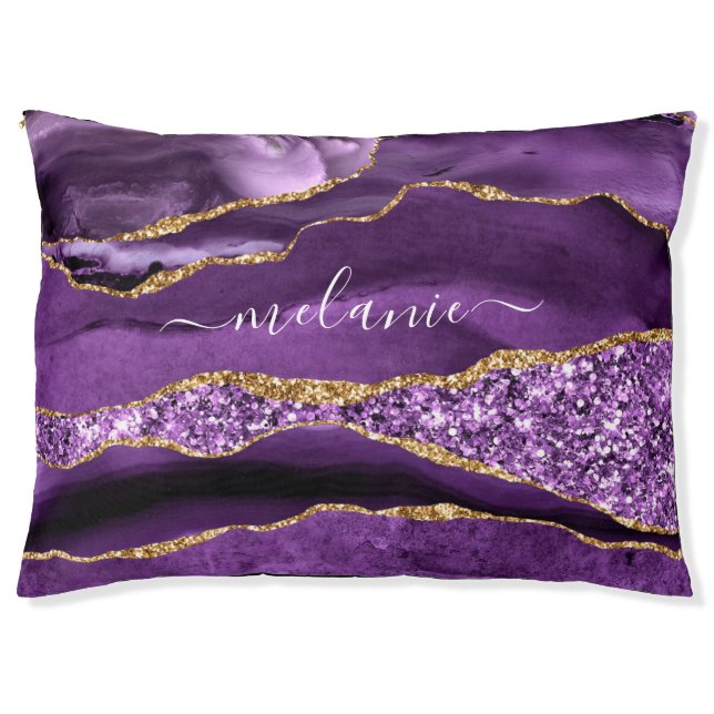 Agate Purple Violet Gold Custom Name Pet Bed (Front)