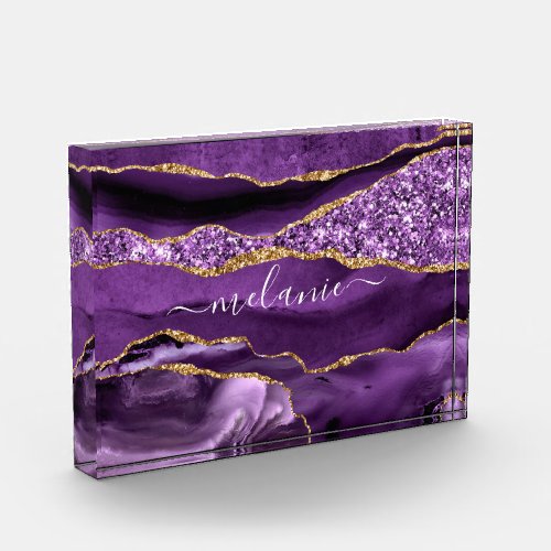 Agate Purple Violet Gold Custom Name Photo Block