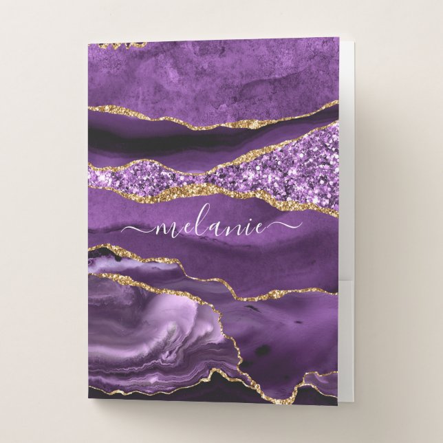 Agate Purple Violet Gold Custom Name Pocket Folder (Front)