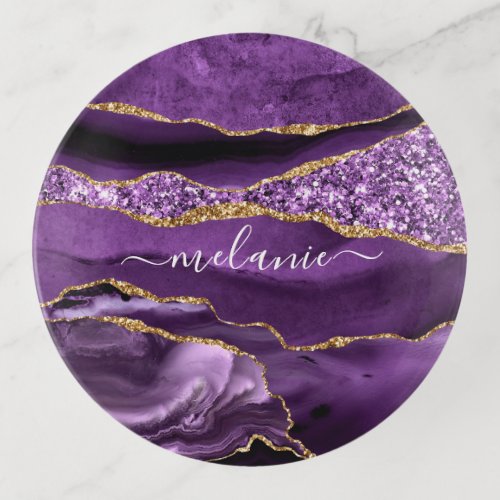 Agate Purple Violet Gold Custom Name Trinket Tray