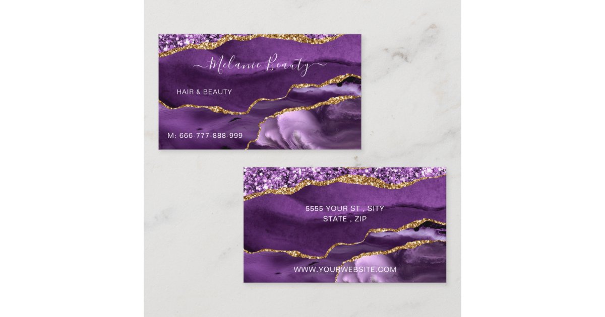 Agate Purple Violet Gold Glitter Business Card | Zazzle