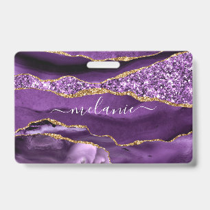 Agate Purple Violet Gold Glitter Custom Name Badge