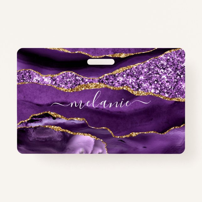 Agate Purple Violet Gold Glitter Custom Name Badge (Front)