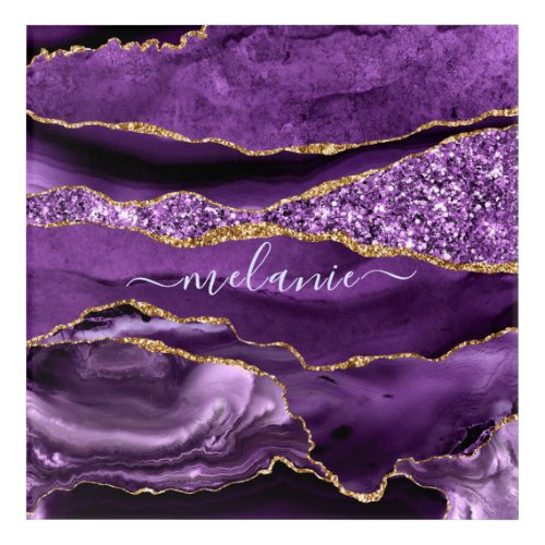 Agate Purple Violet Gold Glitter Geode Custom Name Acrylic Print