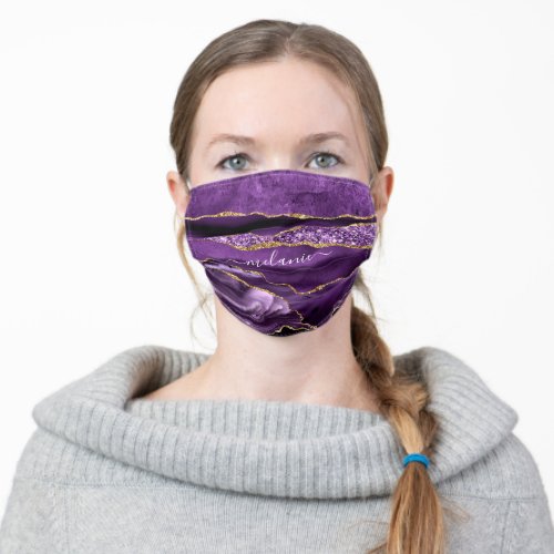 Agate Purple Violet Gold Glitter Geode Custom Name Adult Cloth Face Mask