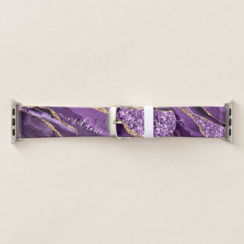 Agate Purple Violet Gold Glitter Geode Custom Name Apple Watch Band