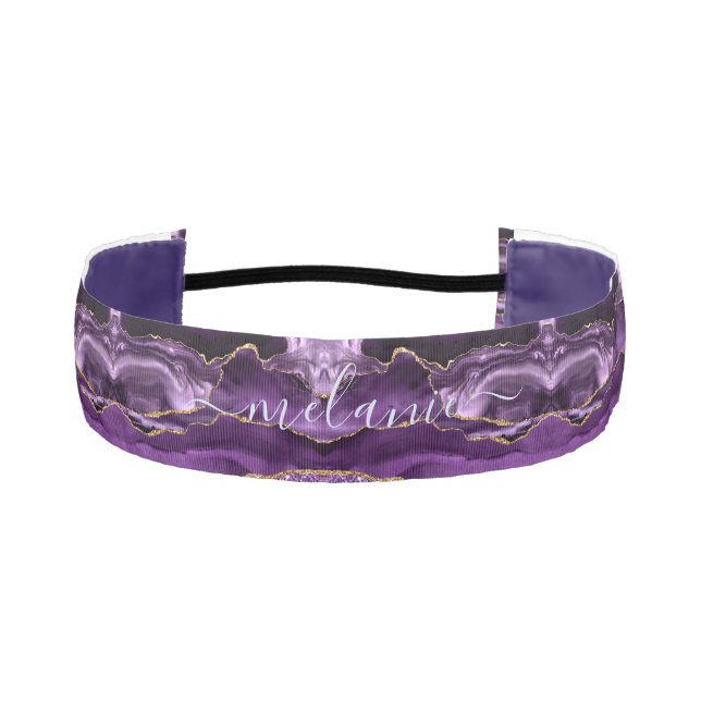 Agate Purple Violet Gold Glitter Geode Custom Name Athletic Headband (Front)