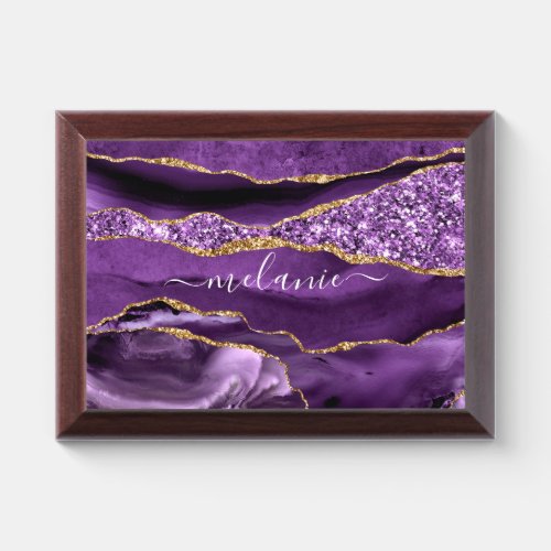 Agate Purple Violet Gold Glitter Geode Custom Name Award Plaque