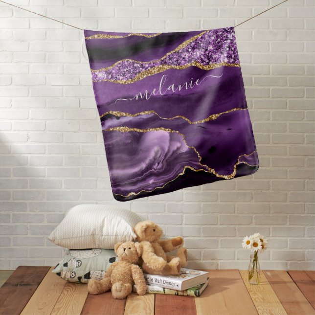 Agate Purple Violet Gold Glitter Geode Custom Name Baby Blanket (In Situ)