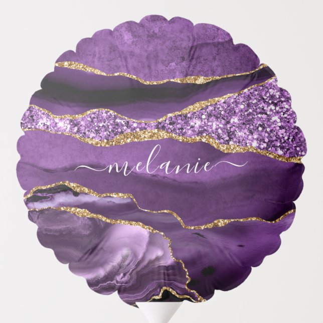 Agate Purple Violet Gold Glitter Geode Custom Name Balloon (Back)