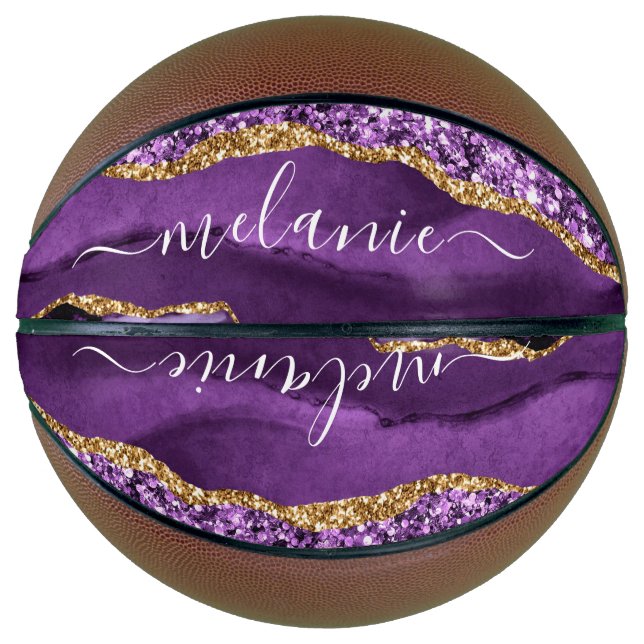 Agate Purple Violet Gold Glitter Geode Custom Name Basketball (Front)