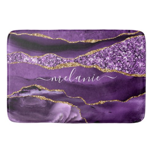 Agate Purple Violet Gold Glitter Geode Custom Name Bath Mat
