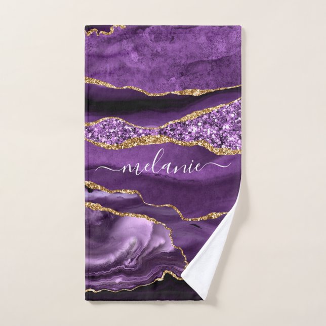 Agate Purple Violet Gold Glitter Geode Custom Name Bath Towel Set (Hand Towel)