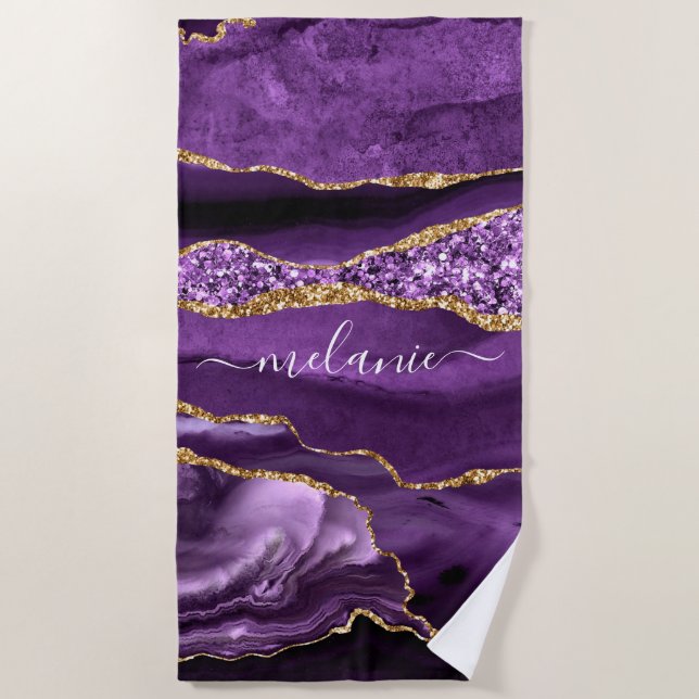 Agate Purple Violet Gold Glitter Geode Custom Name Beach Towel (Front)