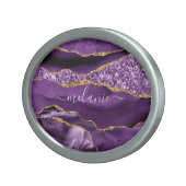 Agate Purple Violet Gold Glitter Geode Custom Name Belt Buckle (Front Right)