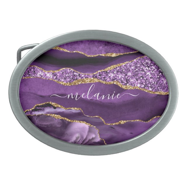 Agate Purple Violet Gold Glitter Geode Custom Name Belt Buckle (Front)