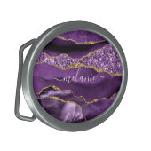 Agate Purple Violet Gold Glitter Geode Custom Name Belt Buckle (Front Left)