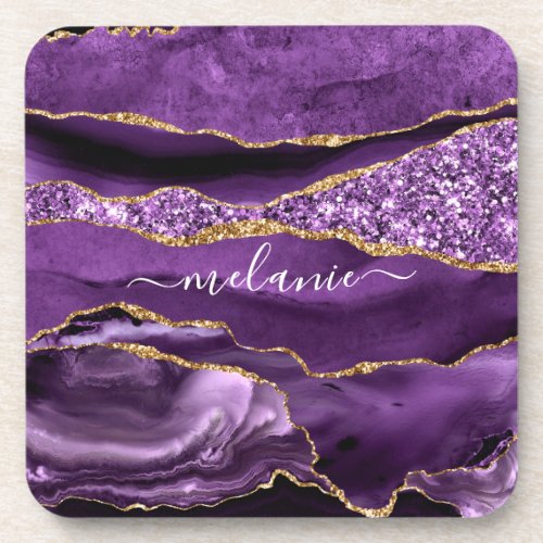 Agate Purple Violet Gold Glitter Geode Custom Name Beverage Coaster