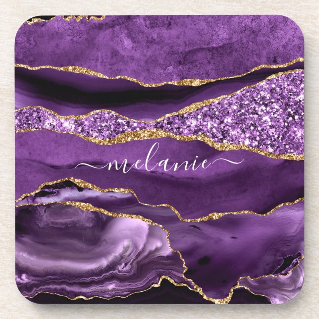 Agate Purple Violet Gold Glitter Geode Custom Name Beverage Coaster (Front)