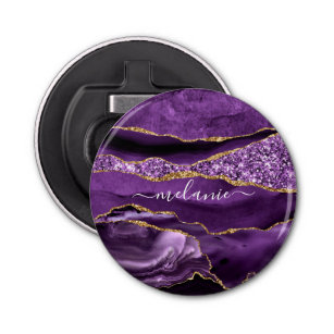 Agate Purple Violet Gold Glitter Geode Custom Name Bottle Opener