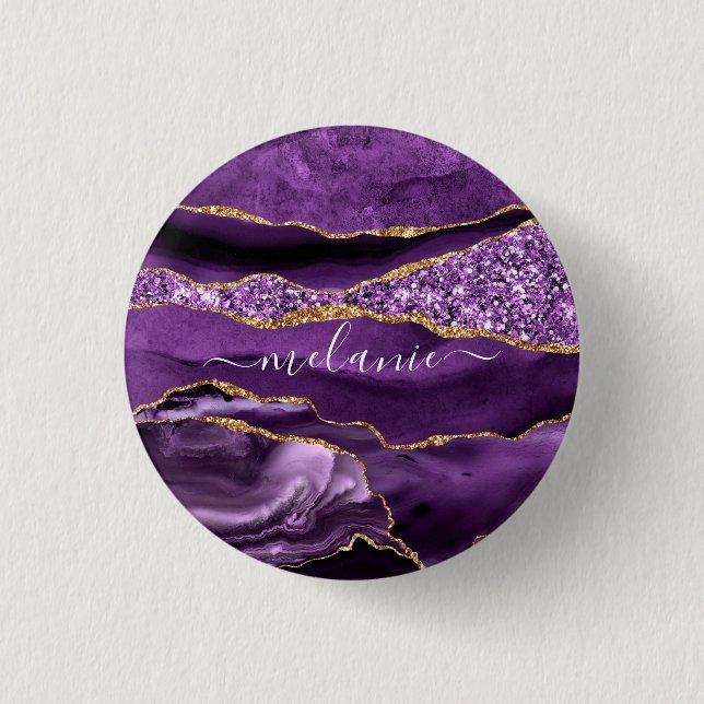 Agate Purple Violet Gold Glitter Geode Custom Name Button (Front)