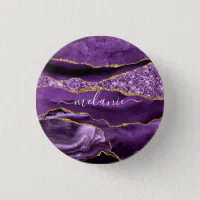 Agate Purple Violet Gold Glitter Geode Custom Name Button | Zazzle