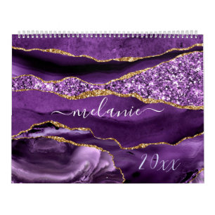 Agate Purple Violet Gold Glitter Geode Custom Name Calendar