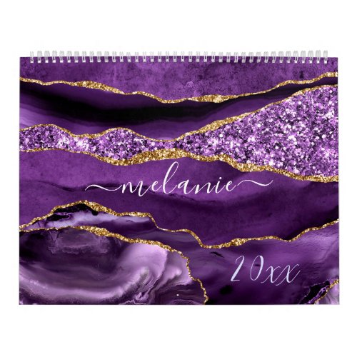 Agate Purple Violet Gold Glitter Geode Custom Name Calendar