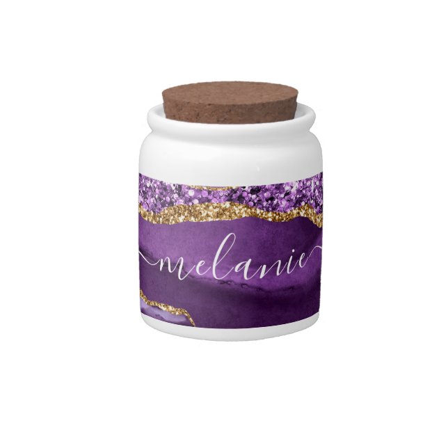 Agate Purple Violet Gold Glitter Geode Custom Name Candy Jar (Front)