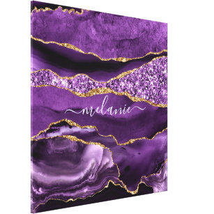 Agate Purple Violet Gold Glitter Geode Custom Name Canvas Print